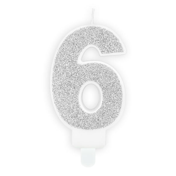 Silver Glitter Candle - Number 6