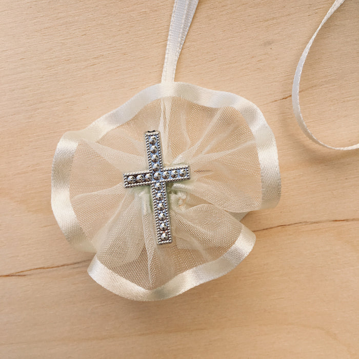 Domna for Girls - Ivory Organza with Silver Cross
