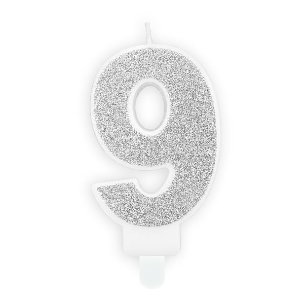 Silver Glitter Candle - Number 9