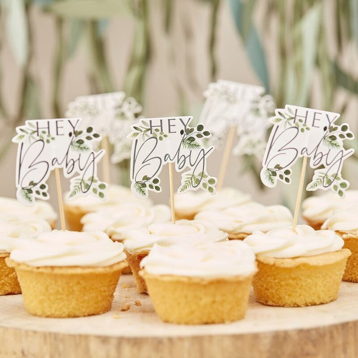 'Hey Baby' Shower Cupcake Toppers - Botanical