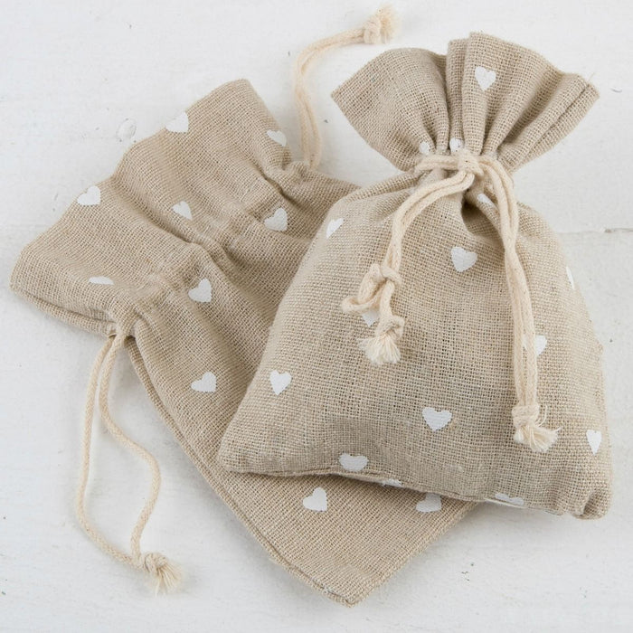 Cotton Bag - Beige with White Hearts - 10x13cm