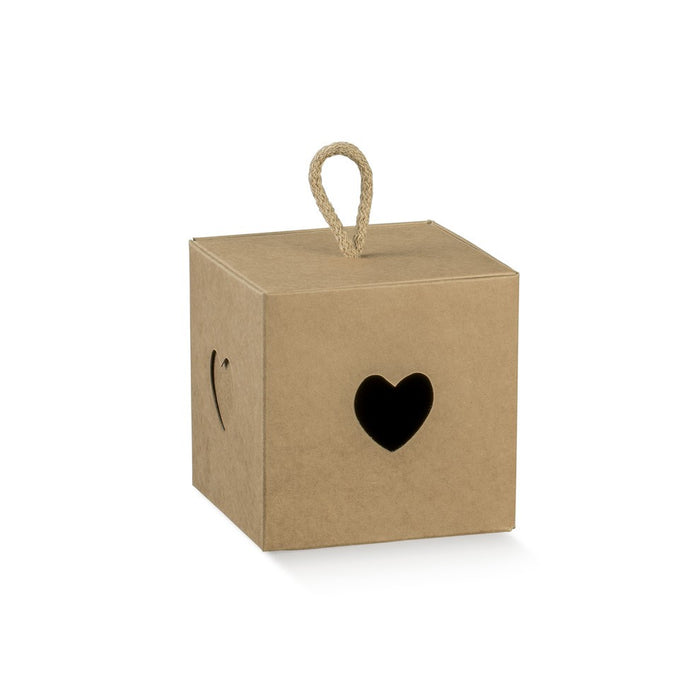 Box w/Chord - Kraft with Heart Cutout - 50x50x50mm