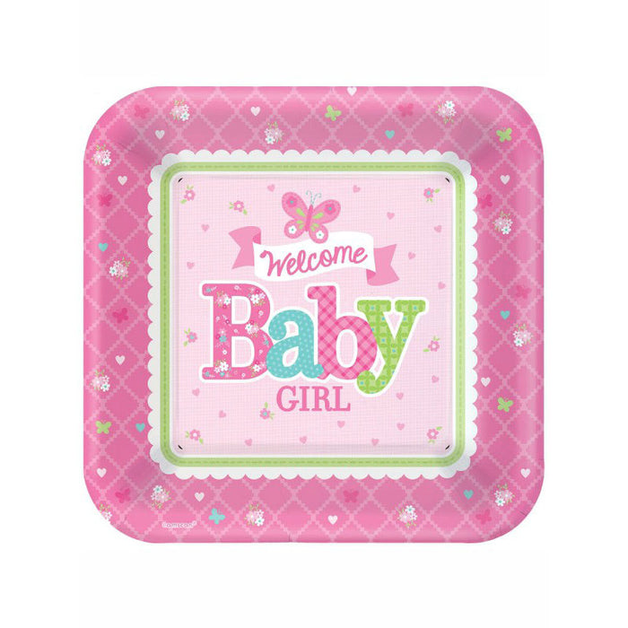 Welcome Baby Girl Plates - 26cm Paper Party Plates