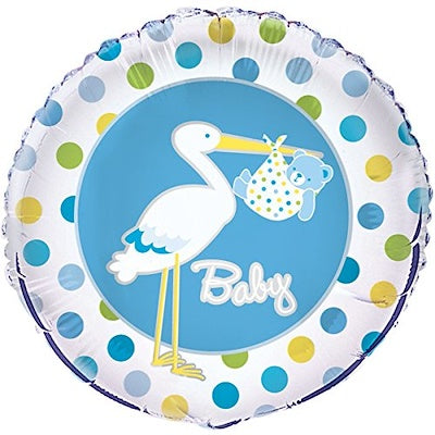 Balloon Foil Round Shape - Stork Polka Dots Blue - Baby 18"