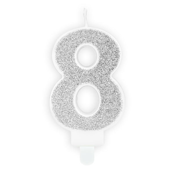Silver Glitter Candle - Number 8