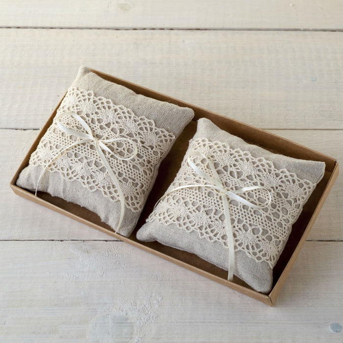 Ivory and Lace Small Ring Pillows in Kraft Tray