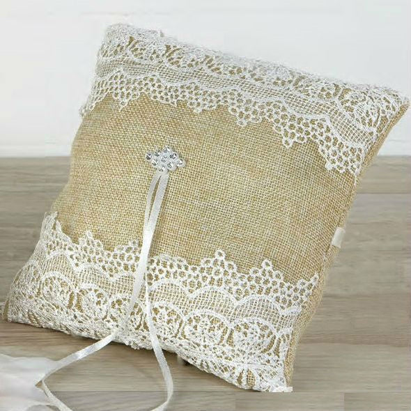 Burlap with Crystals Brooch - Ring Pillow