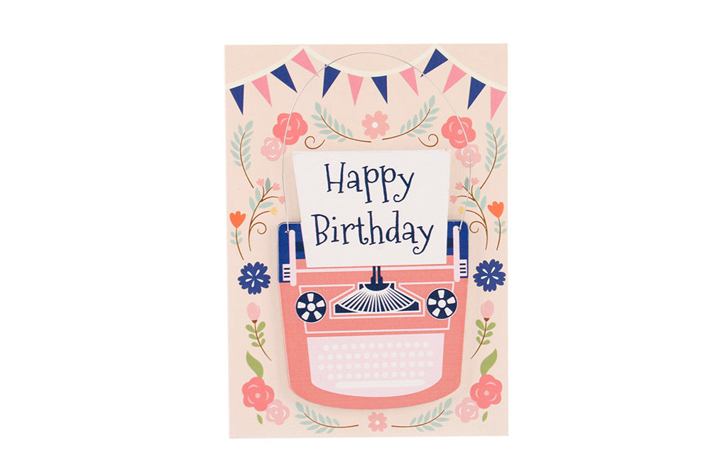 Happy Birthday Pink and Blue Typewriter - Card & Hanger