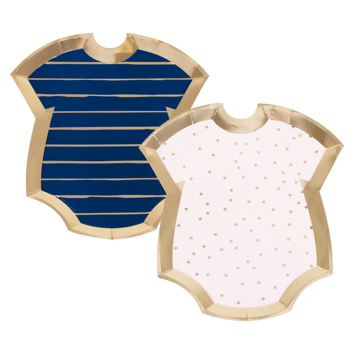Gold Foiled Pink And Navy Baby Grow Gender Reveal Party Plates - 8pk