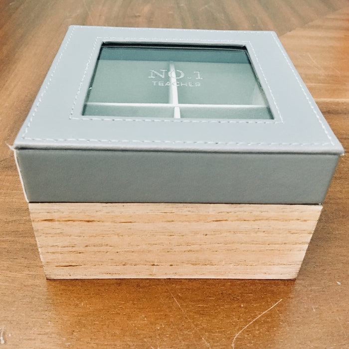 Wood And Faux Leather Keepsake Box With Glass Lid - No.1 Teacher