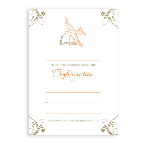 Invitations Fill-in - Confirmation - Orange Dove and Bible 20pk