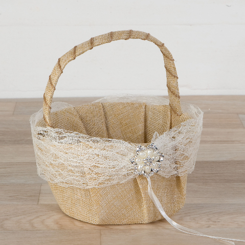Burlap Rings And Petals Basket With Pearls