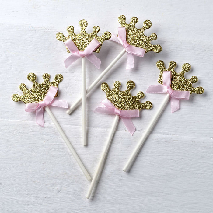 Gold Crown Pink Bow Cupcake Toppers - 5pk