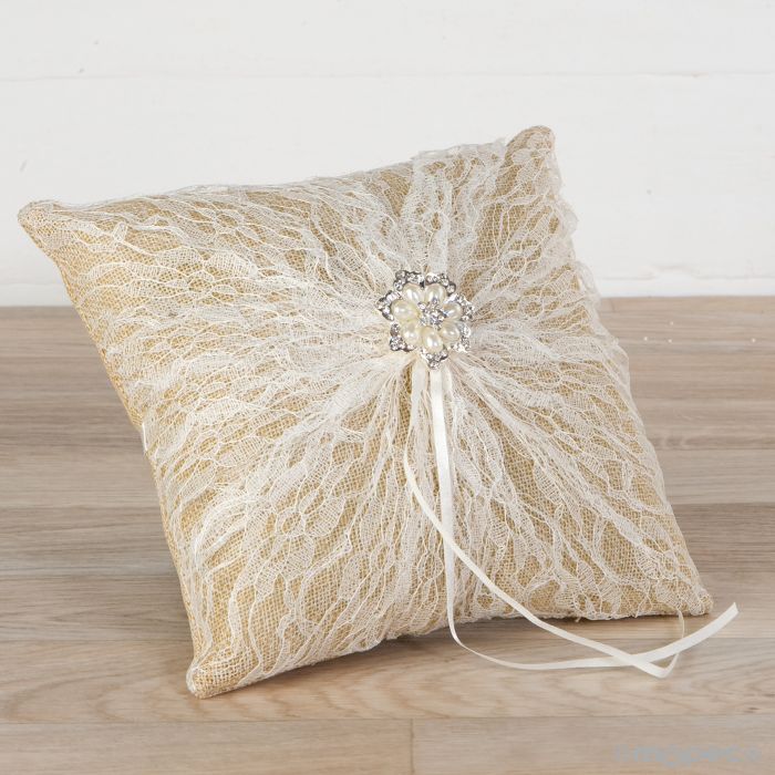 Burlap with Pearl's Brooch - Ring Pillow