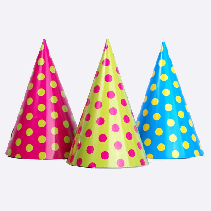 Cone Hats - Mixed Colour Dots - 6pk