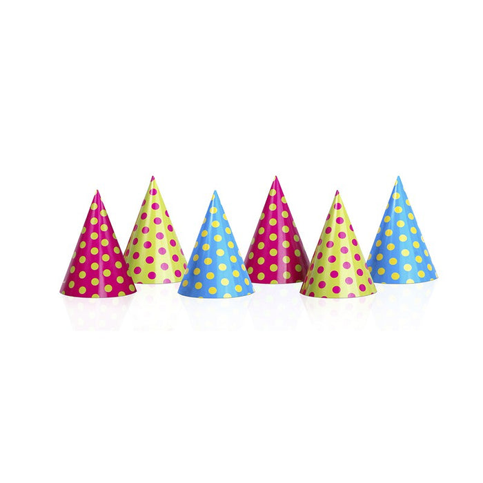 Cone Hats - Mixed Colour Dots - 6pk