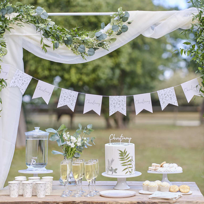 White and Green Botanical Christening Bunting