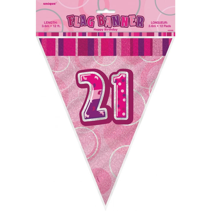 21st Birthday Pink Plastic Flag Banner - 3.7m