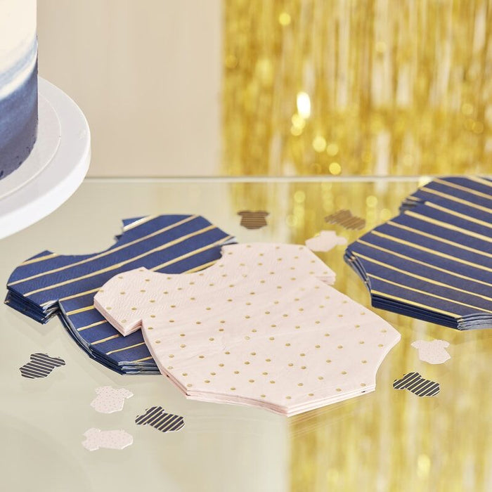 Gender Reveal - Pink and Navy Baby Grow Shaped Napkins