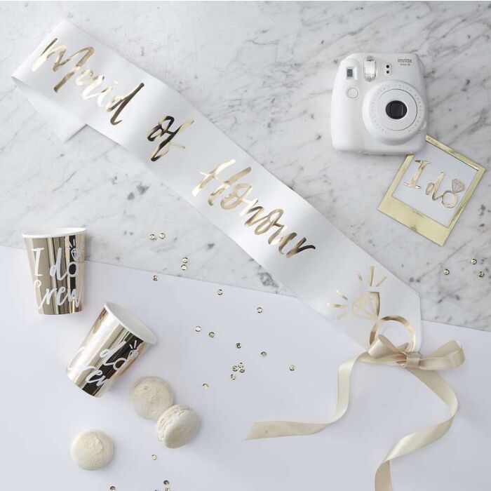 White and Gold Foiled Maid of Honor Sash - I Do Crew