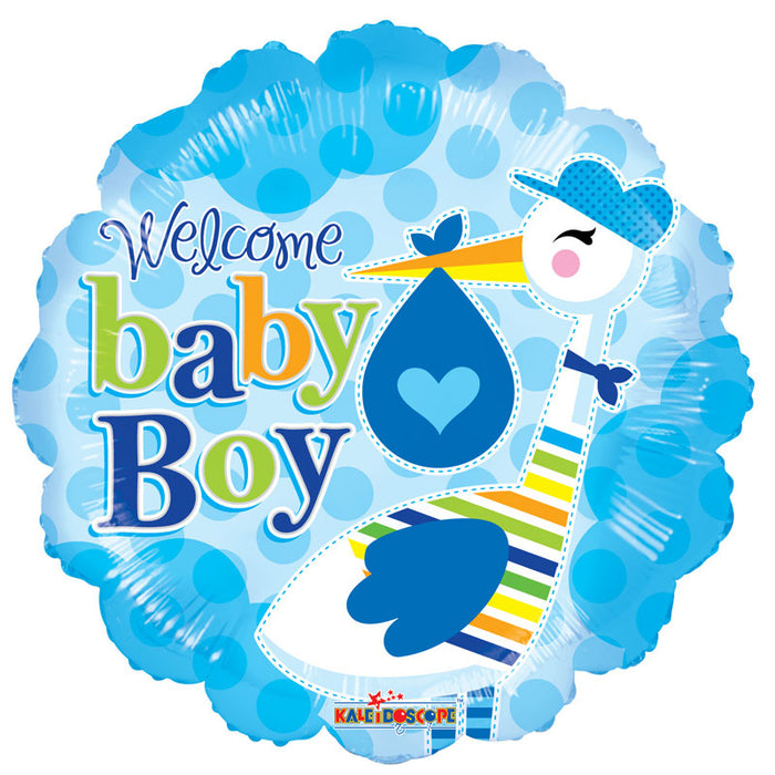 Balloon Foil Round Scallop Shape - Stork - Welcome Baby Boy 18''