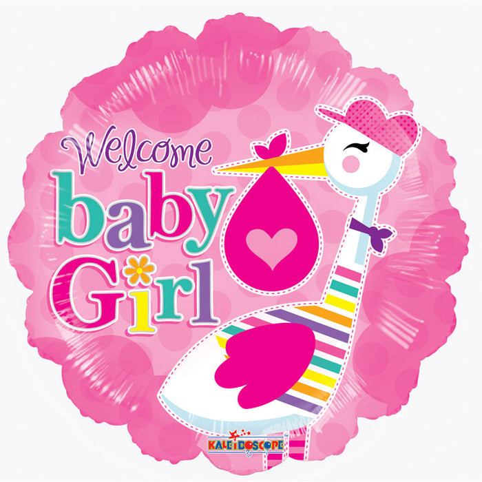 Balloon Foil Round Scallop Shape - Stork - Welcome Baby Girl 18''