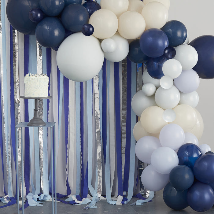 Blue, Cream & Silver Streamer and Balloon Arch Party Backdrop