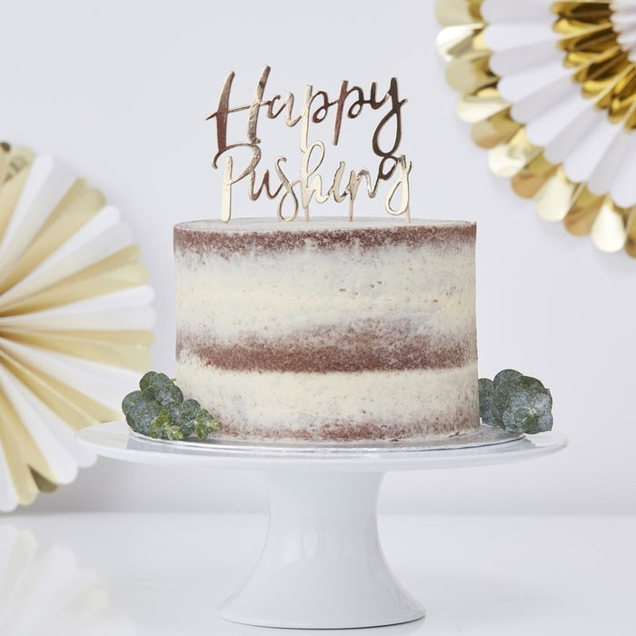 Gold Foiled Happy Pushing Cake Topper - Oh Baby!