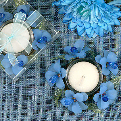 Blue Frosted Flower Glass Candle Holder