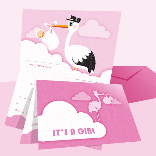 Invitations Fill-in - Baby Themed - Stork Girl 20pk