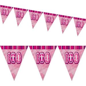 100th Birthday Pink Flag Banner - Plastic 3.65m