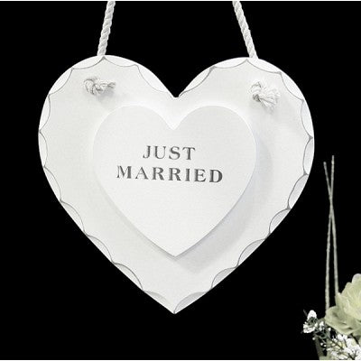 White Wooden Just Married - Hanging Heart